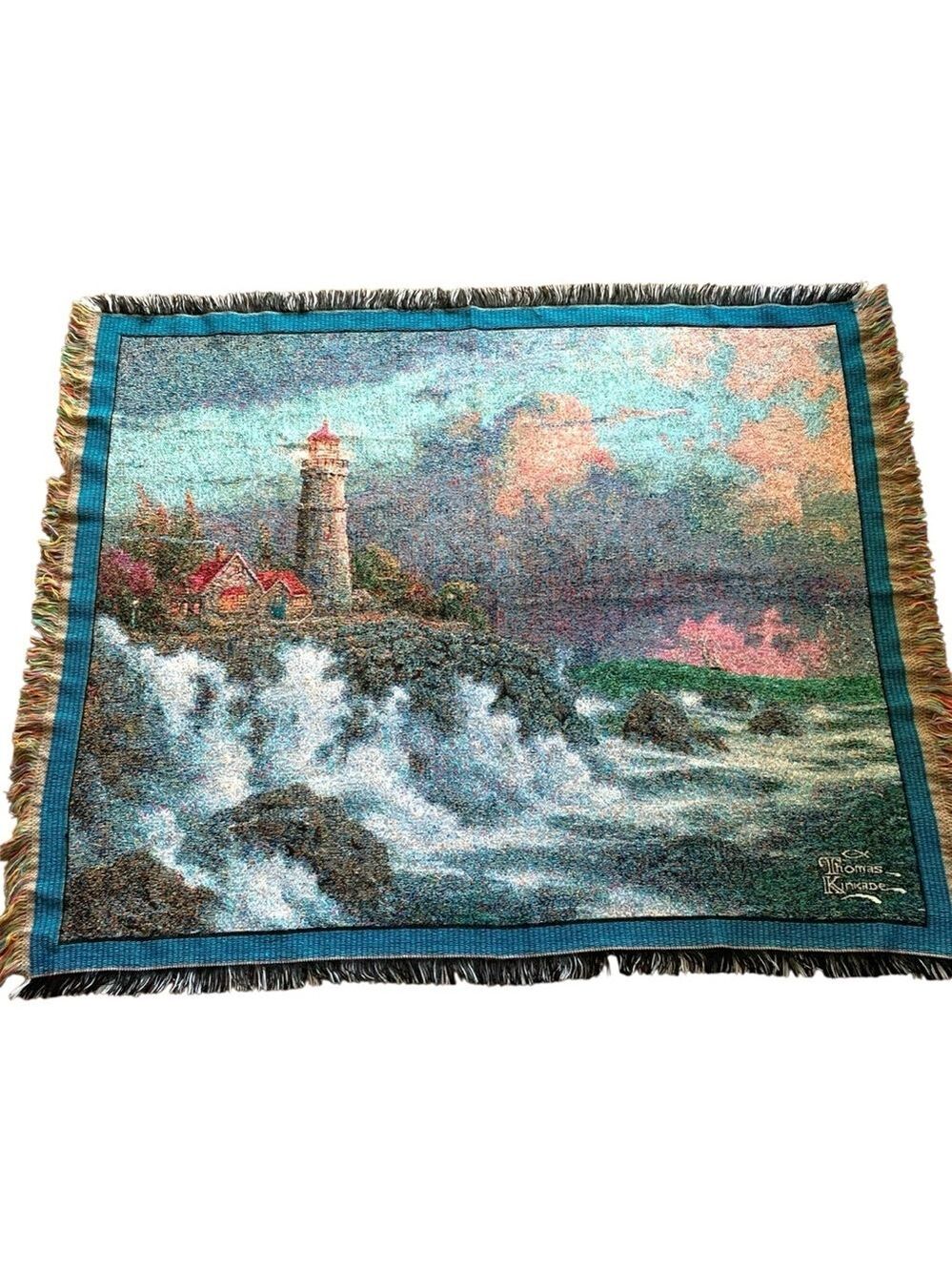 VTG Thomas Kinkade Lighthouse Ocean Wall Tapestry Blanket Fall's Cottage 48"X60"